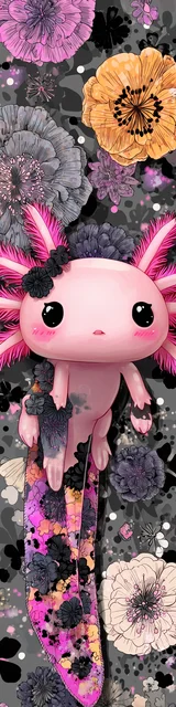 Free kawaii axolotl bookmark featuring a long tail kawaii axolotl pink and gray